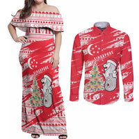 Singapore Christmas Couples Matching Off Shoulder Maxi Dress and Long Sleeve Button Shirt with Merlion Santa Hat Batik Christmas Tree and City Skyline Design - Wonder Print Shop