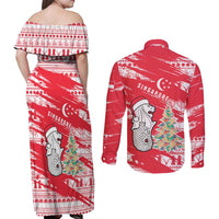 Singapore Christmas Couples Matching Off Shoulder Maxi Dress and Long Sleeve Button Shirt with Merlion Santa Hat Batik Christmas Tree and City Skyline Design - Wonder Print Shop