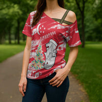 Singapore Christmas Cross Shoulder Shirt with Merlion Santa Hat Batik Christmas Tree and City Skyline Design - Wonder Print Shop