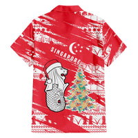 Singapore Christmas Family Matching Off The Shoulder Long Sleeve Dress and Hawaiian Shirt with Merlion Santa Hat Batik Christmas Tree and City Skyline Design - Wonder Print Shop