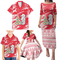 Singapore Christmas Family Matching Puletasi and Hawaiian Shirt with Merlion Santa Hat Batik Christmas Tree and City Skyline Design - Wonder Print Shop
