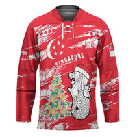 Singapore Christmas Hockey Jersey with Merlion Santa Hat Batik Christmas Tree and City Skyline Design - Wonder Print Shop