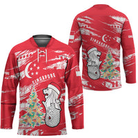 Singapore Christmas Hockey Jersey with Merlion Santa Hat Batik Christmas Tree and City Skyline Design - Wonder Print Shop