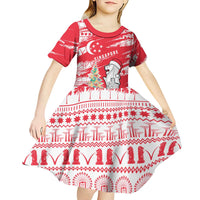 Singapore Christmas Kid Short Sleeve Dress with Merlion Santa Hat Batik Christmas Tree and City Skyline Design - Wonder Print Shop