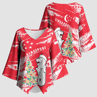 Singapore Christmas Kimono Sleeve Blouse with Merlion Santa Hat Batik Christmas Tree and City Skyline Design - Wonder Print Shop