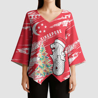 Singapore Christmas Kimono Sleeve Blouse with Merlion Santa Hat Batik Christmas Tree and City Skyline Design - Wonder Print Shop