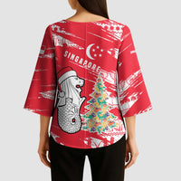 Singapore Christmas Kimono Sleeve Blouse with Merlion Santa Hat Batik Christmas Tree and City Skyline Design - Wonder Print Shop