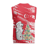 Singapore Christmas Knitted V-Neck Vest with Merlion Santa Hat Batik Christmas Tree and City Skyline Design - Wonder Print Shop
