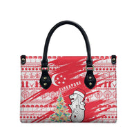 Singapore Christmas Leather Bag with Merlion Santa Hat Batik Christmas Tree and City Skyline Design - Wonder Print Shop