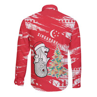 Singapore Christmas Long Sleeve Button Shirt with Merlion Santa Hat Batik Christmas Tree and City Skyline Design - Wonder Print Shop