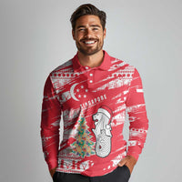 Singapore Christmas Long Sleeve Polo Shirt with Merlion Santa Hat Batik Christmas Tree and City Skyline Design - Wonder Print Shop