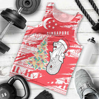 Singapore Christmas Men Tank Top with Merlion Santa Hat Batik Christmas Tree and City Skyline Design - Wonder Print Shop
