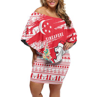 Singapore Christmas Off Shoulder Short Dress with Merlion Santa Hat Batik Christmas Tree and City Skyline Design - Wonder Print Shop