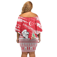 Singapore Christmas Off Shoulder Short Dress with Merlion Santa Hat Batik Christmas Tree and City Skyline Design - Wonder Print Shop