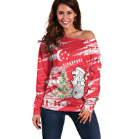 Singapore Christmas Off Shoulder Sweater with Merlion Santa Hat Batik Christmas Tree and City Skyline Design - Wonder Print Shop