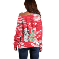 Singapore Christmas Off Shoulder Sweater with Merlion Santa Hat Batik Christmas Tree and City Skyline Design - Wonder Print Shop