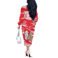 Singapore Christmas Off The Shoulder Long Sleeve Dress with Merlion Santa Hat Batik Christmas Tree and City Skyline Design - Wonder Print Shop