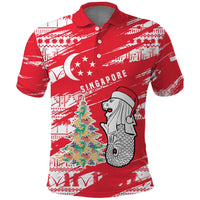Singapore Christmas Polo Shirt with Merlion Santa Hat Batik Christmas Tree and City Skyline Design - Wonder Print Shop