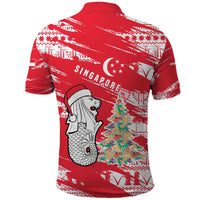 Singapore Christmas Polo Shirt with Merlion Santa Hat Batik Christmas Tree and City Skyline Design - Wonder Print Shop