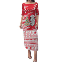 Singapore Christmas Puletasi with Merlion Santa Hat Batik Christmas Tree and City Skyline Design - Wonder Print Shop