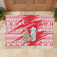 Singapore Christmas Rubber Doormat with Merlion Santa Hat Batik Christmas Tree and City Skyline Design - Wonder Print Shop