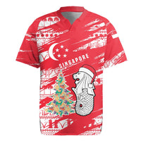 Singapore Christmas Rugby Jersey with Merlion Santa Hat Batik Christmas Tree and City Skyline Design - Wonder Print Shop