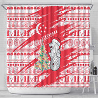 Singapore Christmas Shower Curtain with Merlion Santa Hat Batik Christmas Tree and City Skyline Design - Wonder Print Shop