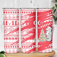 Singapore Christmas Skinny Tumbler with Merlion Santa Hat Batik Christmas Tree and City Skyline Design - Wonder Print Shop