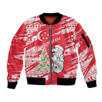 Singapore Christmas Sleeve Zip Bomber Jacket with Merlion Santa Hat Batik Christmas Tree and City Skyline Design - Wonder Print Shop