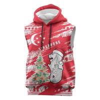 Singapore Christmas Sleeveless Hoodie with Merlion Santa Hat Batik Christmas Tree and City Skyline Design - Wonder Print Shop
