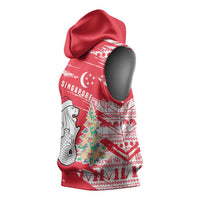 Singapore Christmas Sleeveless Hoodie with Merlion Santa Hat Batik Christmas Tree and City Skyline Design - Wonder Print Shop