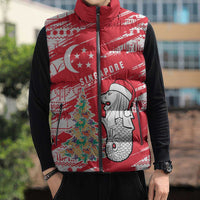 Singapore Christmas Sleeveless Puffer Jacket with Merlion Santa Hat Batik Christmas Tree and City Skyline Design - Wonder Print Shop