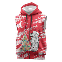 Singapore Christmas Sleeveless Zip Hoodie with Merlion Santa Hat Batik Christmas Tree and City Skyline Design - Wonder Print Shop