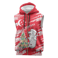 Singapore Christmas Sleeveless Zip Hoodie with Merlion Santa Hat Batik Christmas Tree and City Skyline Design - Wonder Print Shop
