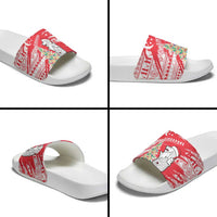 Singapore Christmas Slide Sandals with Merlion Santa Hat Batik Christmas Tree and City Skyline Design - Wonder Print Shop