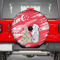 Singapore Christmas Spare Tire Cover with Merlion Santa Hat Batik Christmas Tree and City Skyline Design - Wonder Print Shop