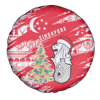 Singapore Christmas Spare Tire Cover with Merlion Santa Hat Batik Christmas Tree and City Skyline Design - Wonder Print Shop