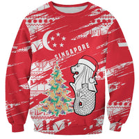 Singapore Christmas Sweatshirt with Merlion Santa Hat Batik Christmas Tree and City Skyline Design - Wonder Print Shop