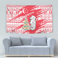 Singapore Christmas Tapestry with Merlion Santa Hat Batik Christmas Tree and City Skyline Design - Wonder Print Shop