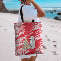 Singapore Christmas Tote Bag with Merlion Santa Hat Batik Christmas Tree and City Skyline Design - Wonder Print Shop