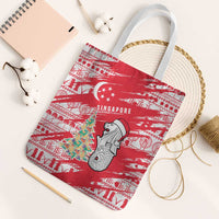 Singapore Christmas Tote Bag with Merlion Santa Hat Batik Christmas Tree and City Skyline Design - Wonder Print Shop
