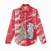 Singapore Christmas Women Casual Shirt with Merlion Santa Hat Batik Christmas Tree and City Skyline Design - Wonder Print Shop
