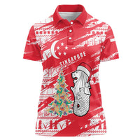 Singapore Christmas Women Polo Shirt with Merlion Santa Hat Batik Christmas Tree and City Skyline Design - Wonder Print Shop