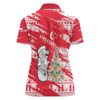 Singapore Christmas Women Polo Shirt with Merlion Santa Hat Batik Christmas Tree and City Skyline Design - Wonder Print Shop