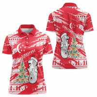Singapore Christmas Women Polo Shirt with Merlion Santa Hat Batik Christmas Tree and City Skyline Design - Wonder Print Shop
