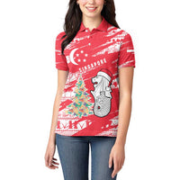 Singapore Christmas Women Polo Shirt with Merlion Santa Hat Batik Christmas Tree and City Skyline Design - Wonder Print Shop