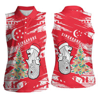 Singapore Christmas Women Sleeveless Polo Shirt with Merlion Santa Hat Batik Christmas Tree and City Skyline Design - Wonder Print Shop