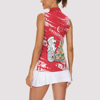Singapore Christmas Women Sleeveless Polo Shirt with Merlion Santa Hat Batik Christmas Tree and City Skyline Design - Wonder Print Shop