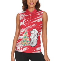 Singapore Christmas Women Sleeveless Polo Shirt with Merlion Santa Hat Batik Christmas Tree and City Skyline Design - Wonder Print Shop