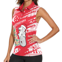 Singapore Christmas Women Sleeveless Polo Shirt with Merlion Santa Hat Batik Christmas Tree and City Skyline Design - Wonder Print Shop